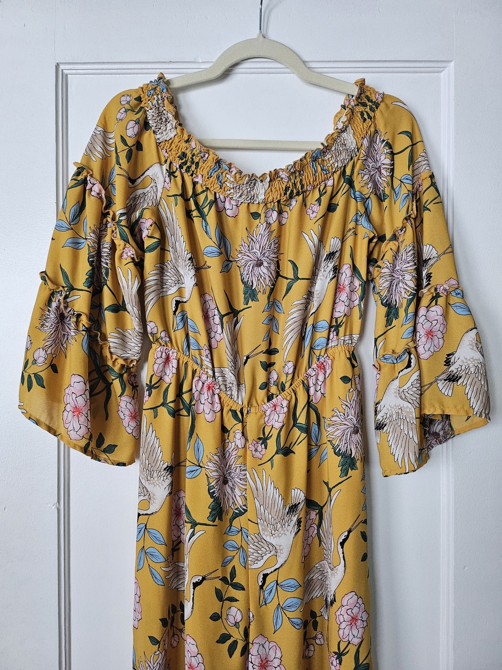 Flying Tomato Mustard Yellow Floral & Crane Off-Shoulder Jumpsuit